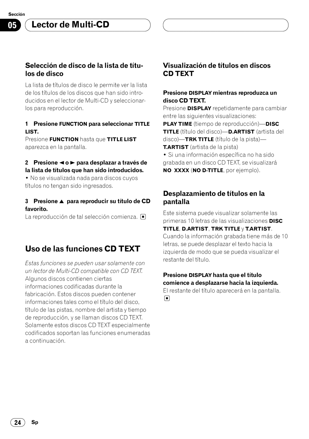 Pioneer DEH-P4400 operation manual Uso de las funciones CD Text, Selección de disco de la lista de títu- los de disco 