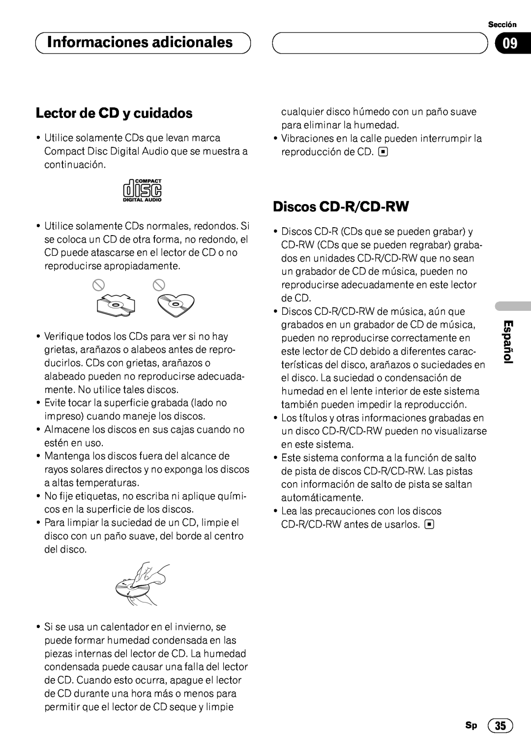 Pioneer DEH-P4400 Informaciones adicionales, Lector de CD y cuidados, Discos CD-R/CD-RW, English, Español 