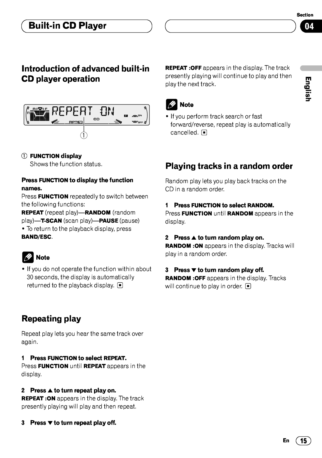 Pioneer DEH-P44 Built-inCD Player, Repeating play, Playing tracks in a random order, Nederlands, Deutsch, English, Español 