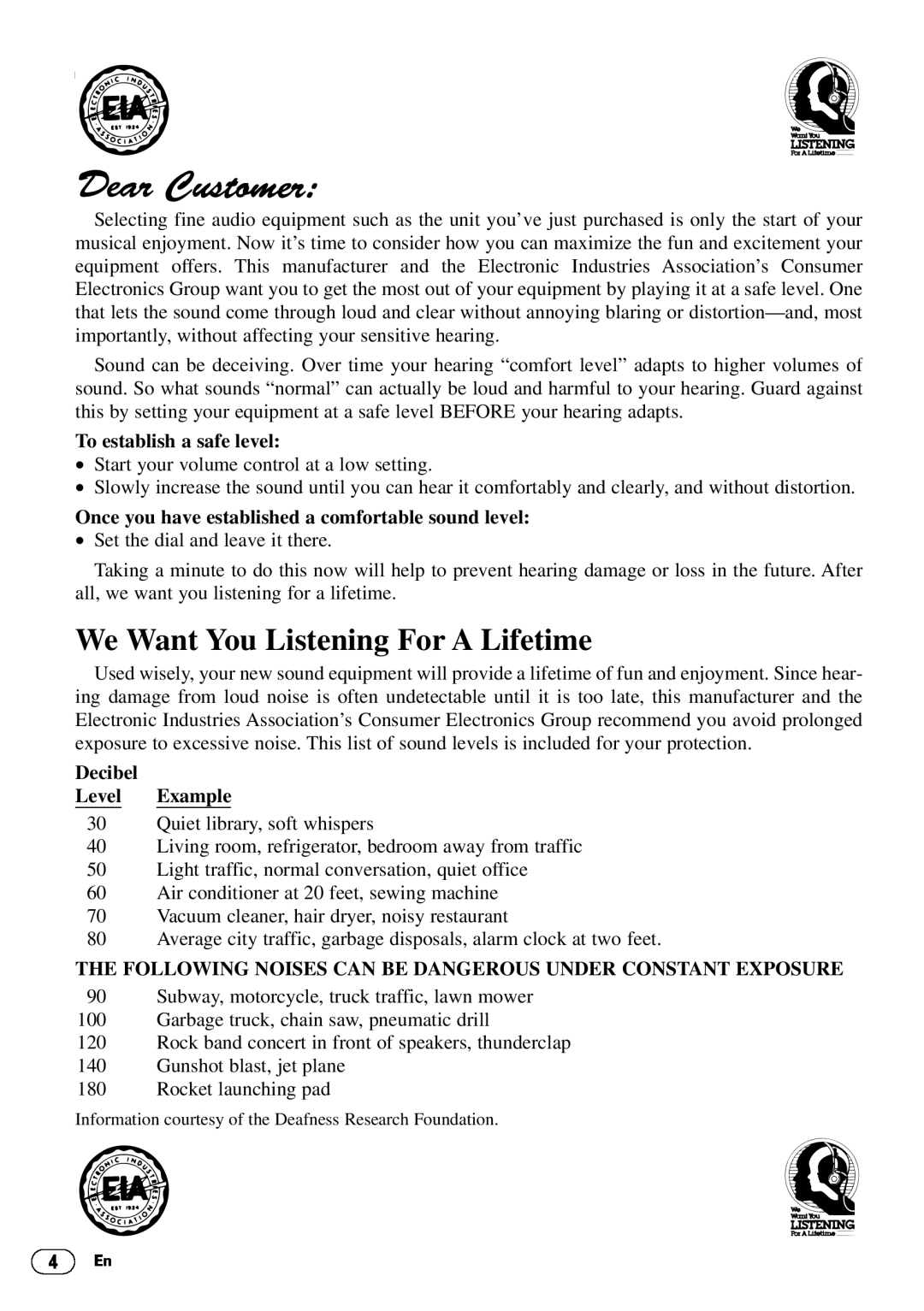 Pioneer DEH-P4400 operation manual We Want You Listening For A Lifetime, To establish a safe level, Decibel Level Example 