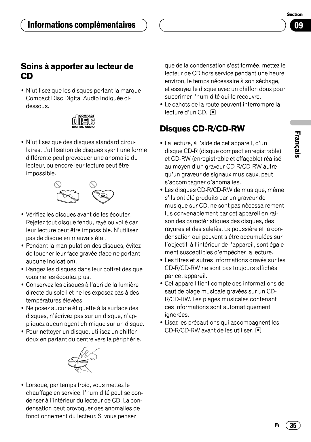 Pioneer DEH-P4400 operation manual Informations complémentaires09, Soins à apporter au lecteur de CD, Disques CD-R/CD-RW 
