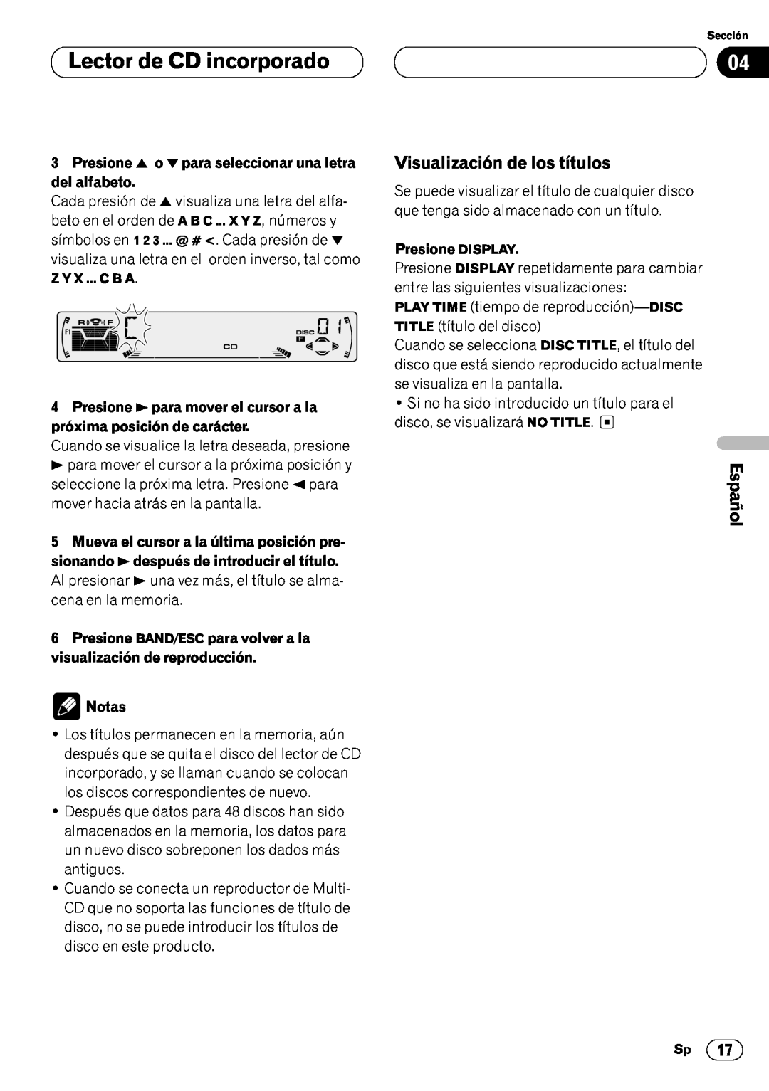 Pioneer DEH-P44 Visualización de los títulos, Lector de CD incorporado, Español, Français Italiano Nederlands, Notas 