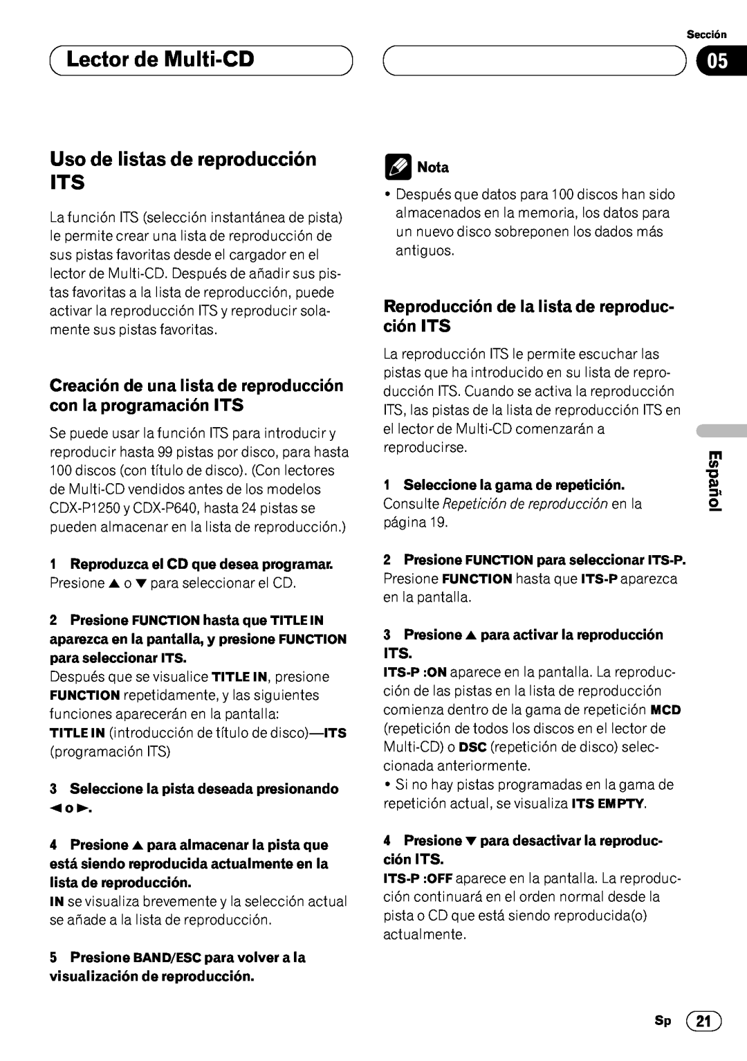Pioneer DEH-P44 Uso de listas de reproducción ITS, Reproducción de la lista de reproduc, Lector de Multi-CD, Español, Nota 