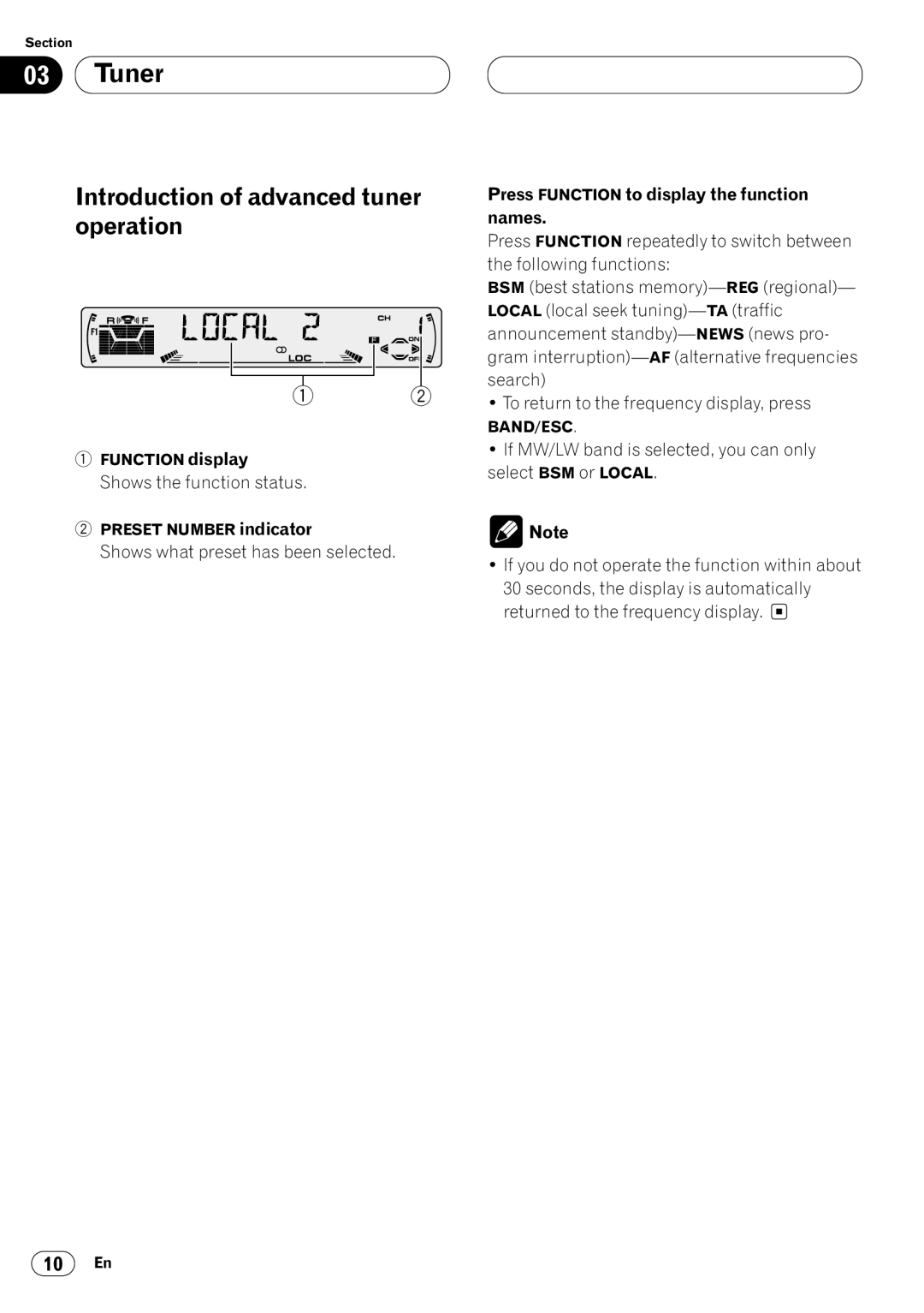 Pioneer DEH-P4400RB Introduction of advanced tuner, Operation, Press Function to display the function, Names 