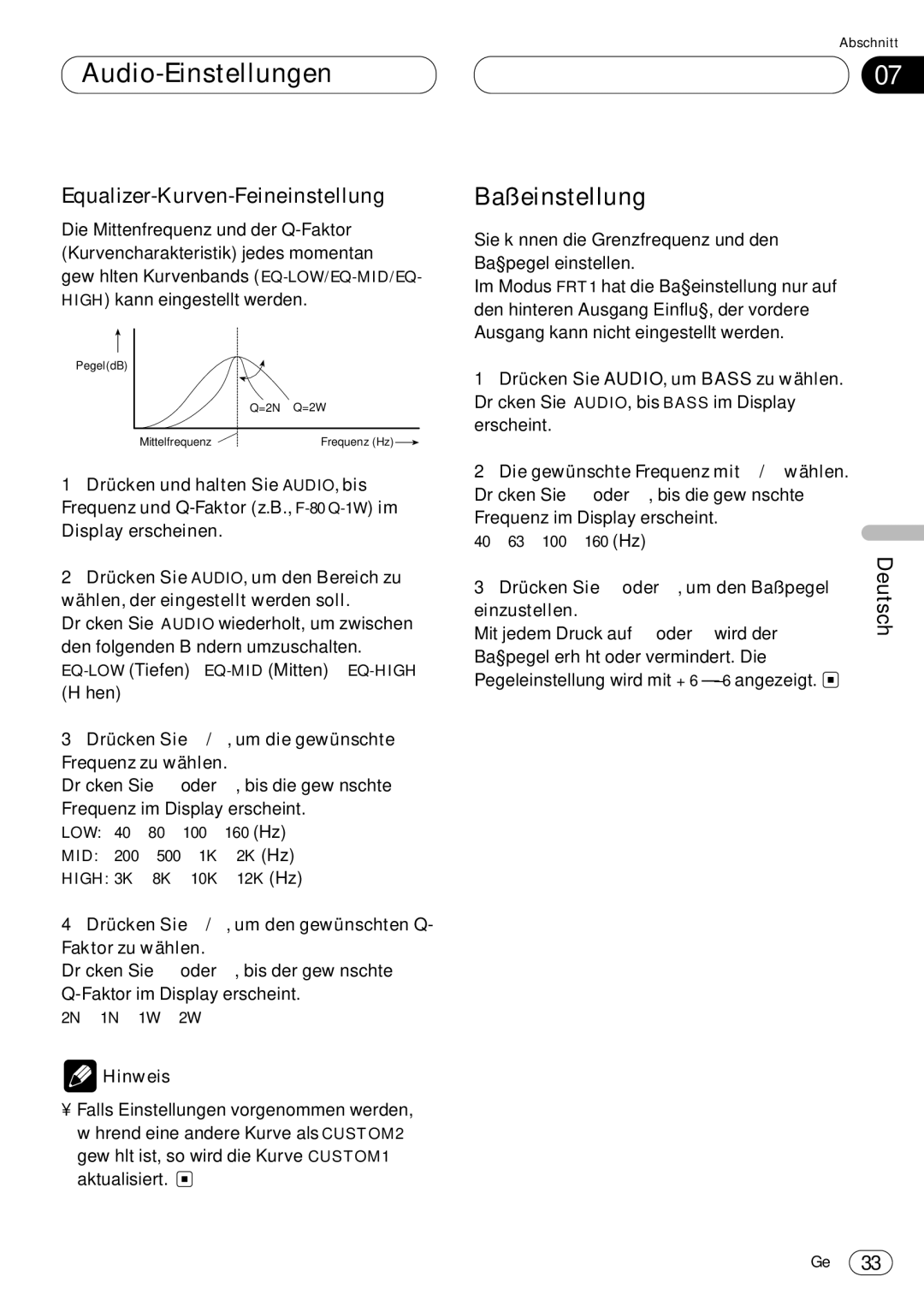 Pioneer DEH-P4400RB operation manual Baßeinstellung, Equalizer-Kurven-Feineinstellung 