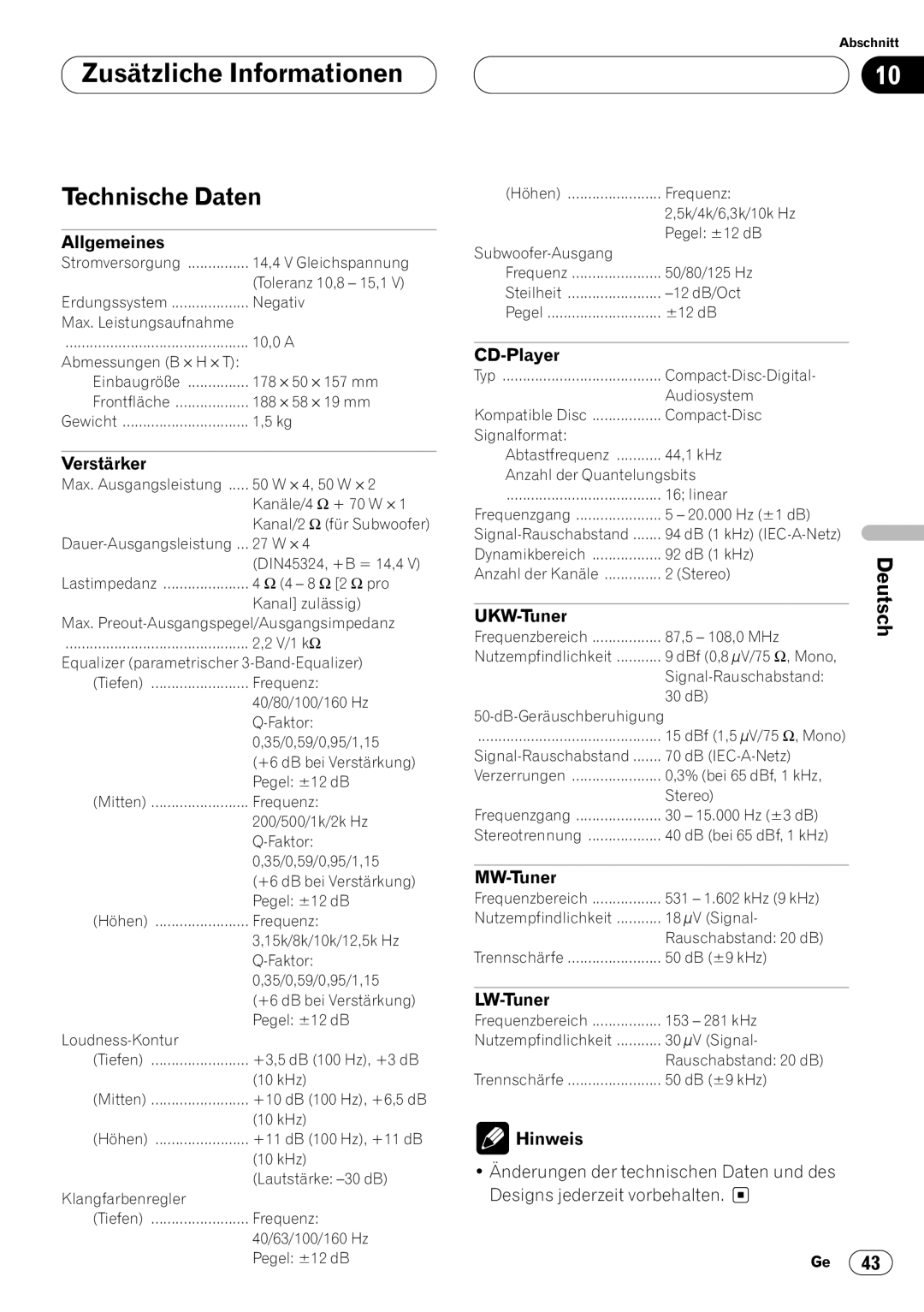 Pioneer DEH-P4400RB operation manual Technische Daten 