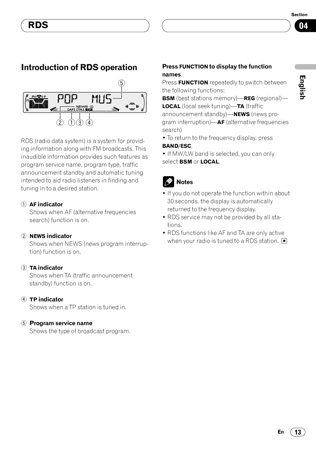 Pioneer DEH-P4400RB operation manual Introduction of RDS operation 