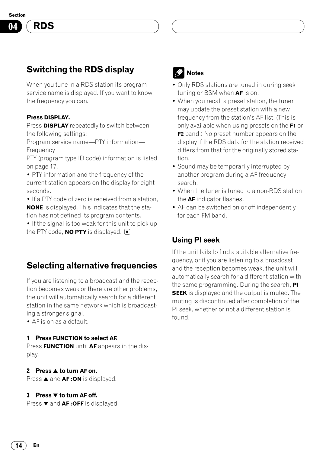 Pioneer DEH-P4400RB operation manual 04 RDS, Switching the RDS display, Selecting alternative frequencies, Using PI seek 