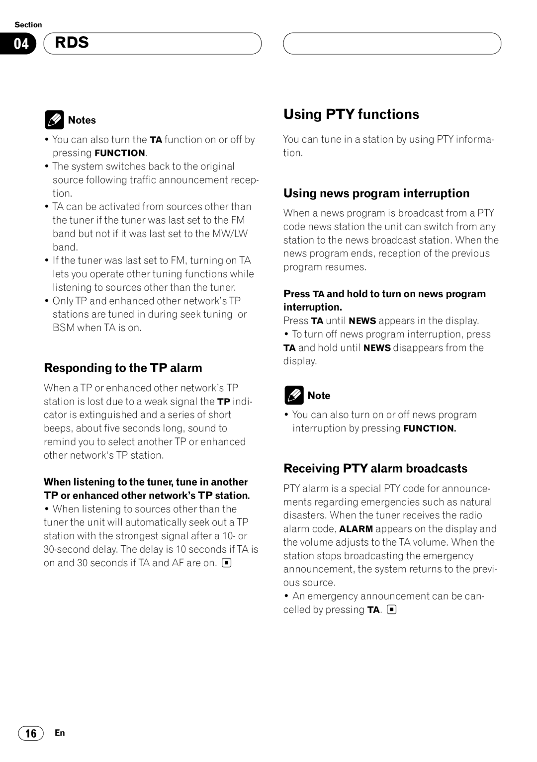 Pioneer DEH-P4400RB operation manual Using PTY functions, Responding to the TP alarm, Using news program interruption 