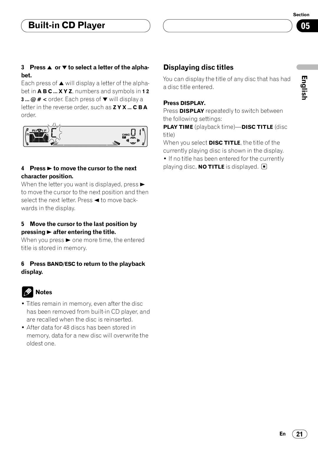 Pioneer DEH-P4400RB operation manual Displaying disc titles, Press 5 or ∞ to select a letter of the alpha- bet 