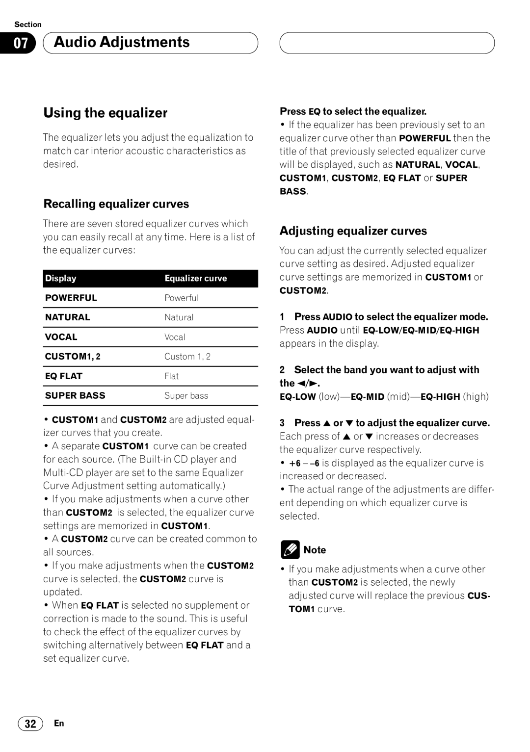 Pioneer DEH-P4400RB operation manual Using the equalizer, Recalling equalizer curves, Adjusting equalizer curves 