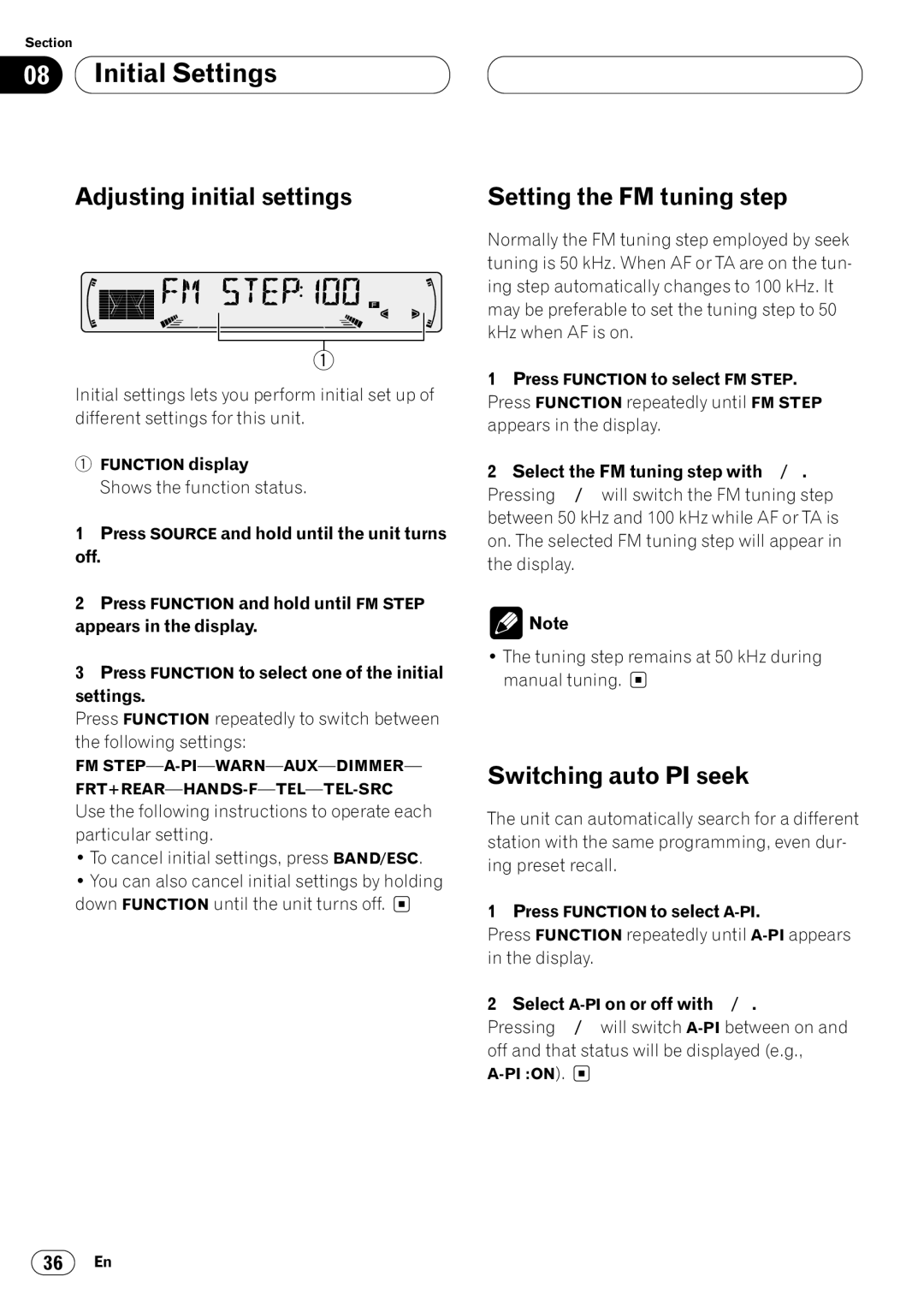 Pioneer DEH-P4400R Initial Settings, Adjusting initial settings, Switching auto PI seek, Setting the FM tuning step 