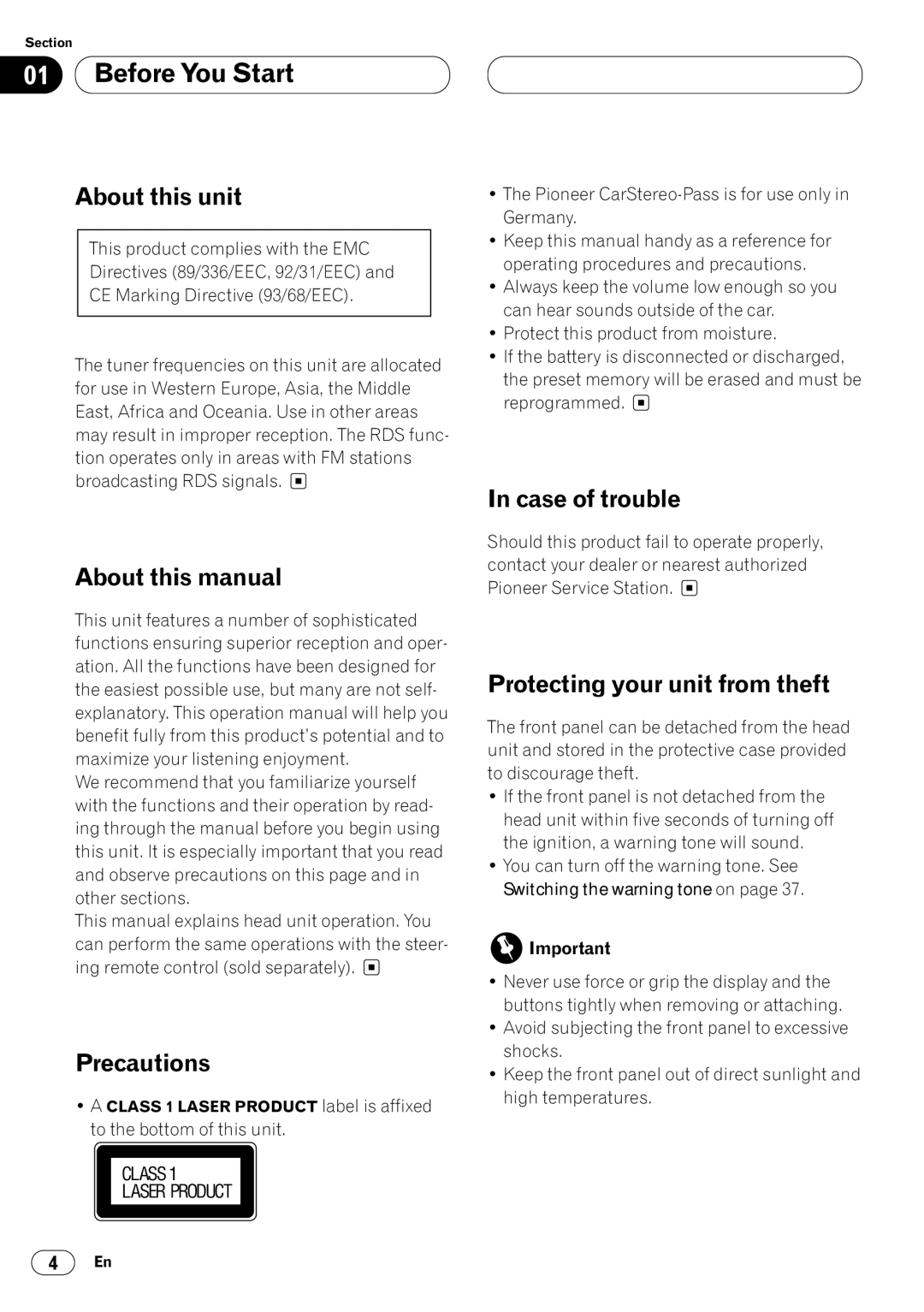 Pioneer DEH-P4400RB operation manual Before You Start 