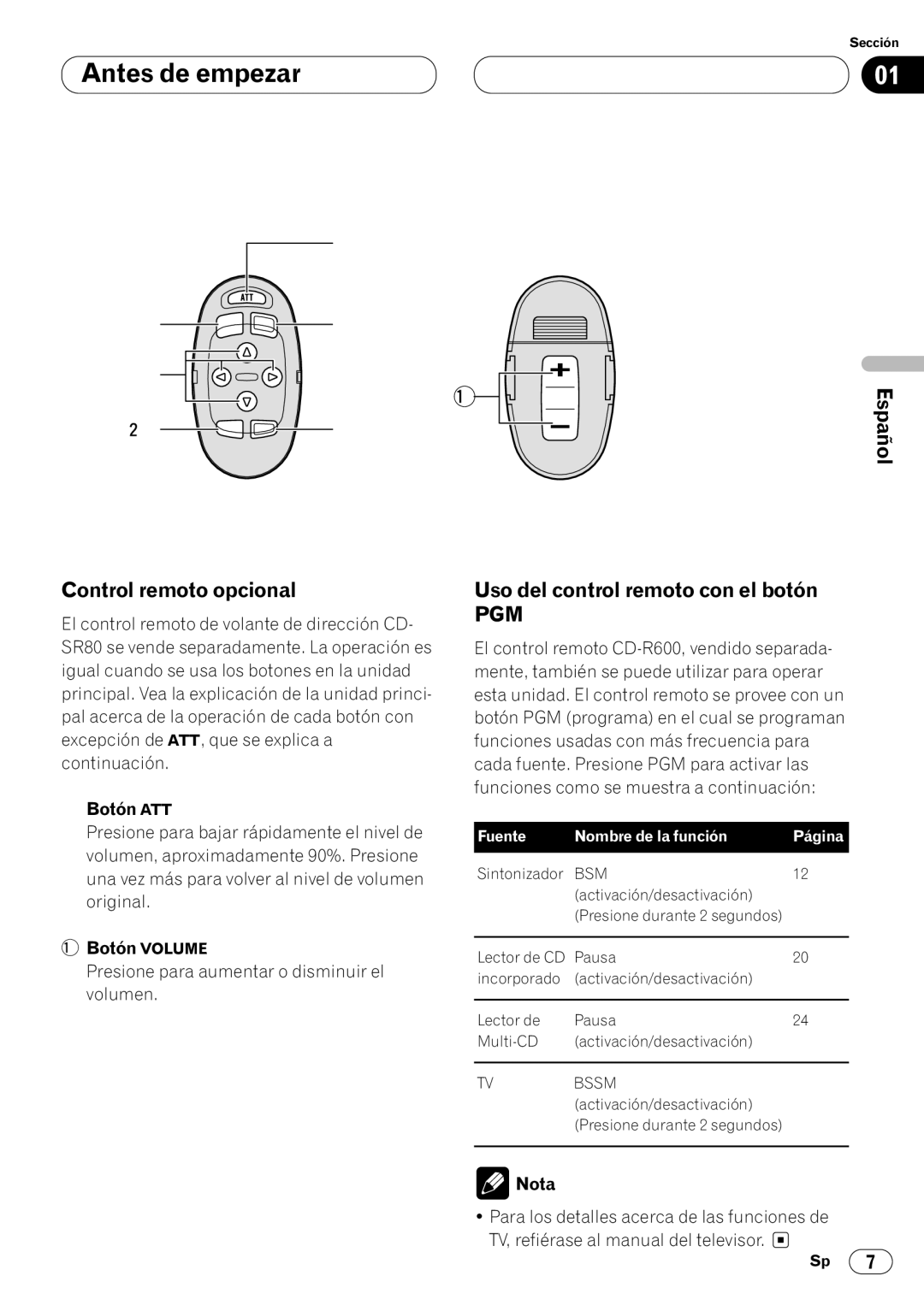 Pioneer DEH-P4400RB Español Control remoto opcional, Uso del control remoto con el botón, ~ Botón ATT, Nota 