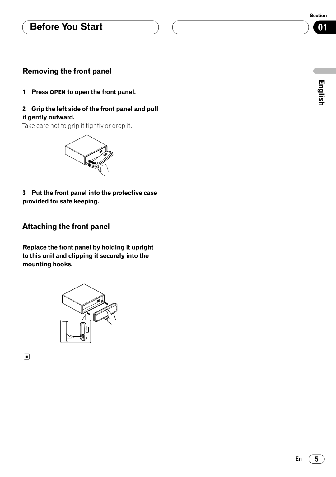 Pioneer DEH-P4400RB operation manual Removing the front panel, Attaching the front panel 