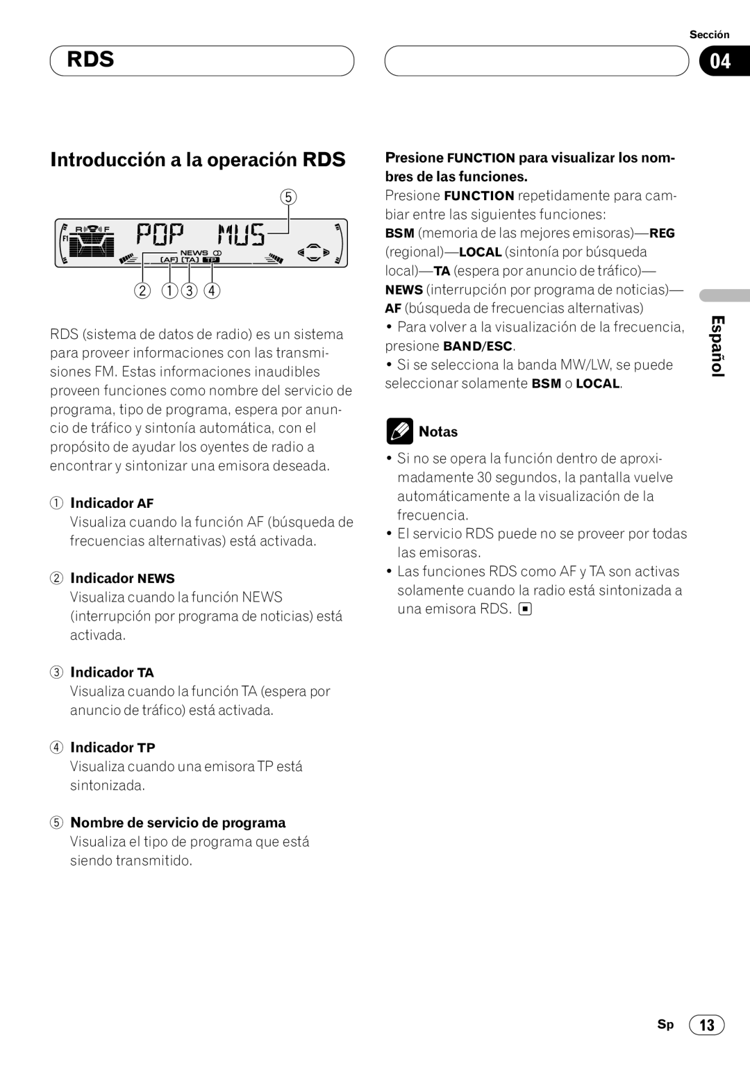 Pioneer DEH-P4400RB Introducción a la operación RDS, Indicador AF, Indicador News, Indicador TA, Indicador TP 