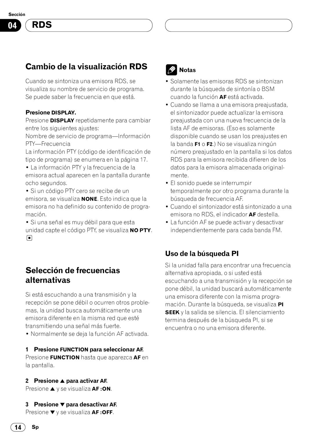 Pioneer DEH-P4400R Cambio de la visualización RDS, Selección de frecuencias alternativas, Uso de la búsqueda PI 