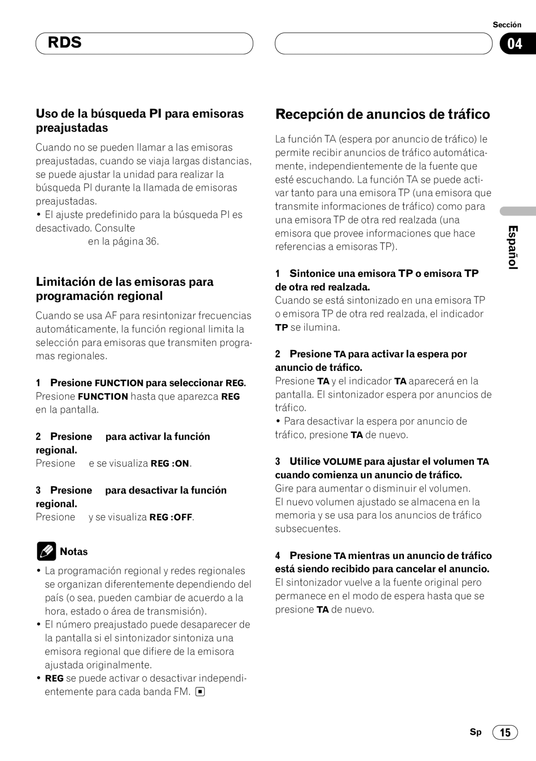 Pioneer DEH-P4400RB operation manual Recepción de anuncios de tráfico, Uso de la búsqueda PI para emisoras preajustadas 