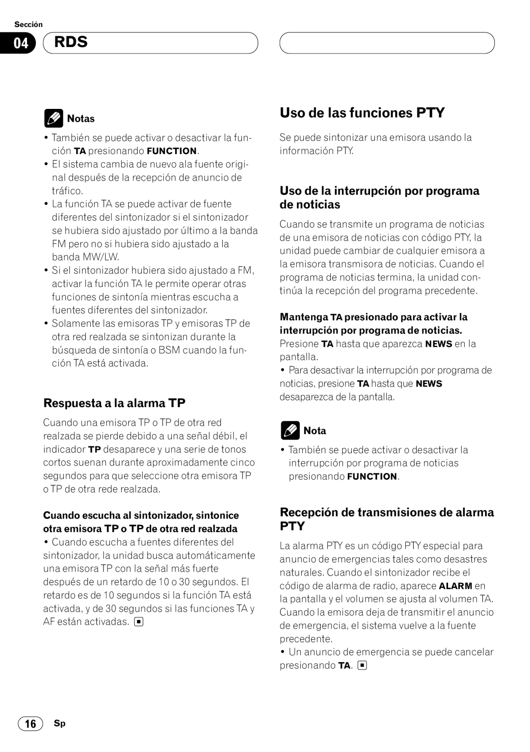 Pioneer DEH-P4400R Uso de las funciones PTY, Respuesta a la alarma TP, Uso de la interrupción por programa de noticias 