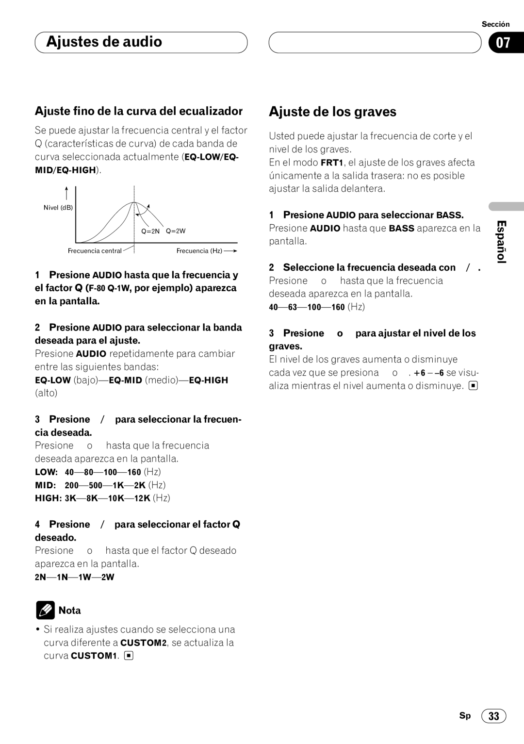 Pioneer DEH-P4400RB operation manual Ajuste de los graves, Ajuste fino de la curva del ecualizador 