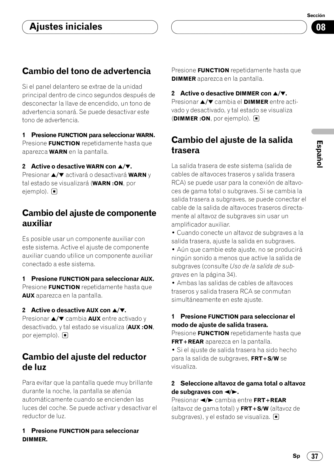 Pioneer DEH-P4400RB operation manual Cambio del tono de advertencia, Cambio del ajuste de componente auxiliar, Trasera 