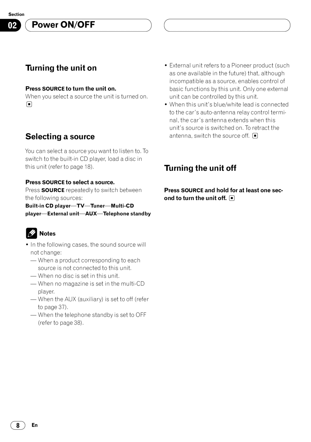 Pioneer DEH-P4400RB operation manual Power ON/OFF, Turning the unit on, Selecting a source, Turning the unit off 