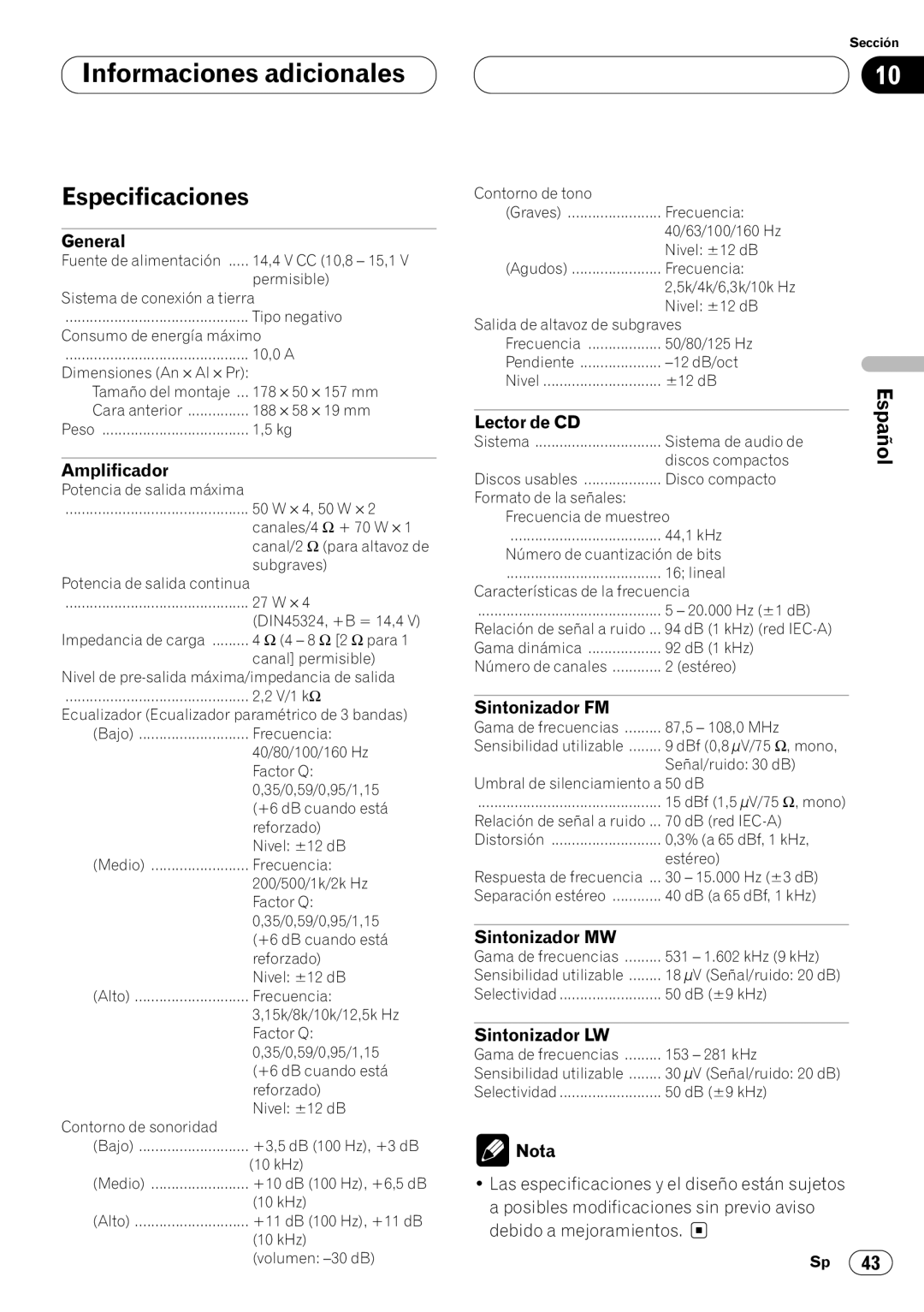 Pioneer DEH-P4400RB operation manual Especificaciones 