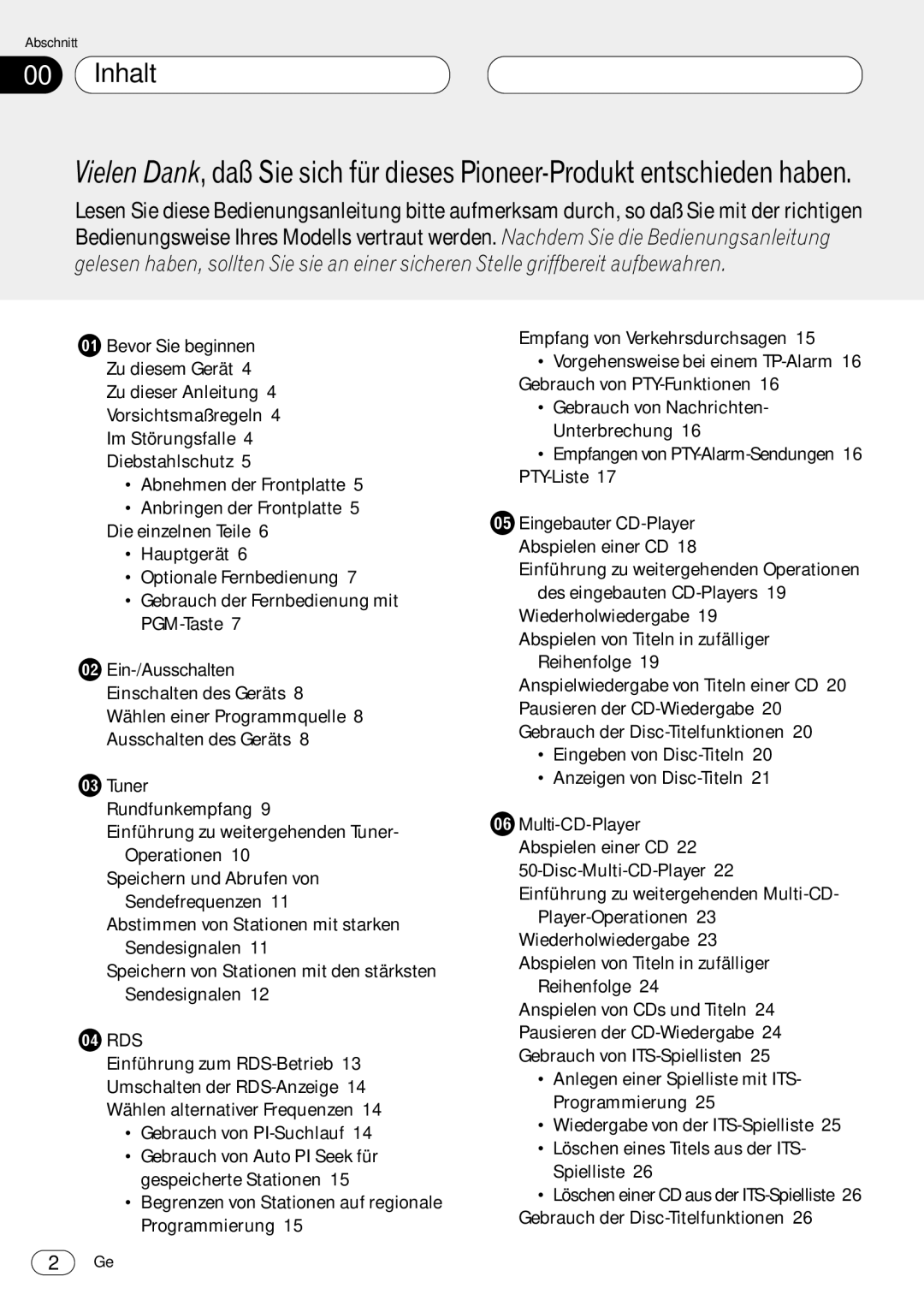Pioneer DEH-P4400RB Inhalt, Bevor Sie beginnen, Ein-/Ausschalten, Eingebauter CD-Player, Multi-CD-Player 