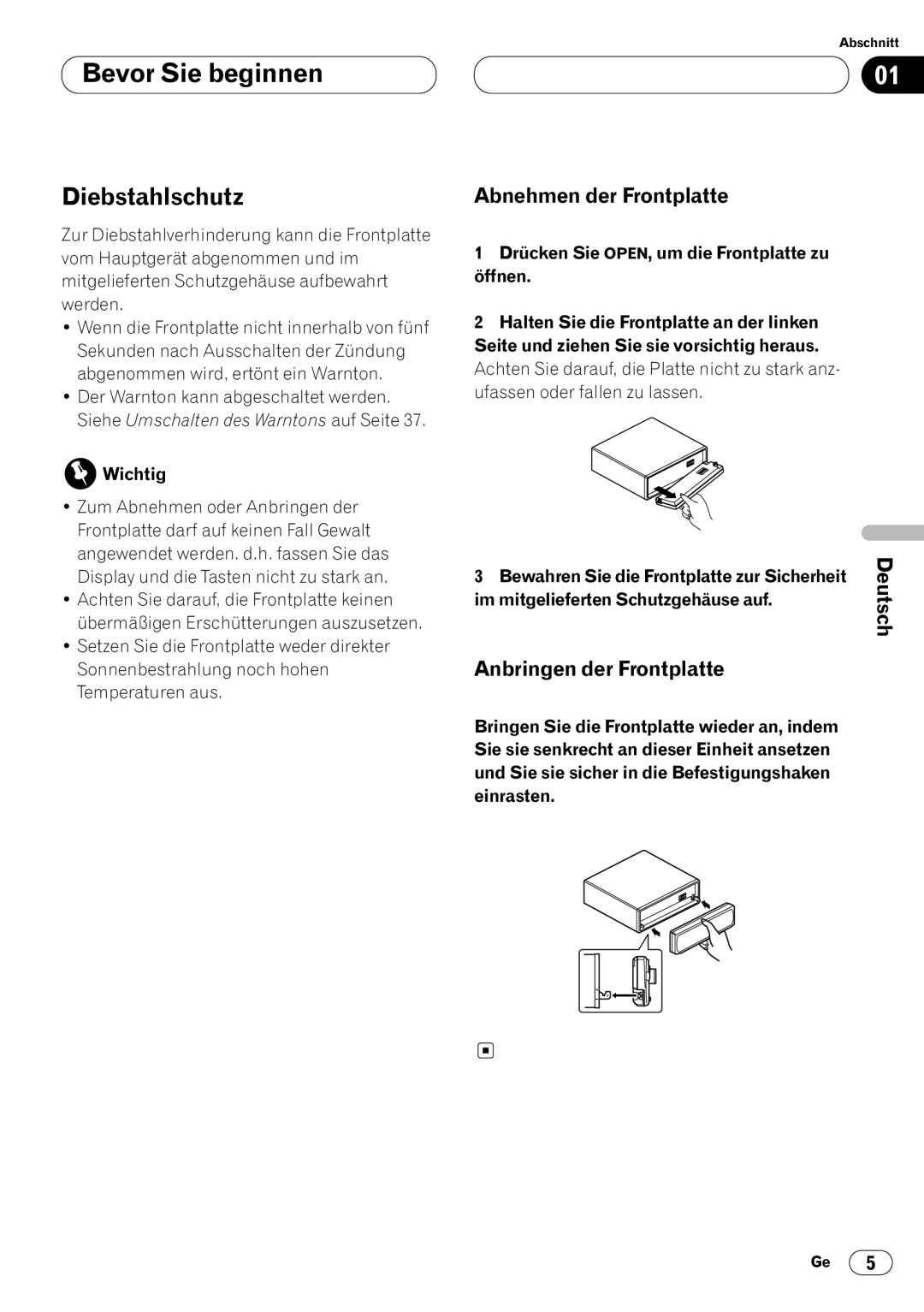 Pioneer DEH-P4400RB operation manual Diebstahlschutz, Abnehmen der Frontplatte, Anbringen der Frontplatte 