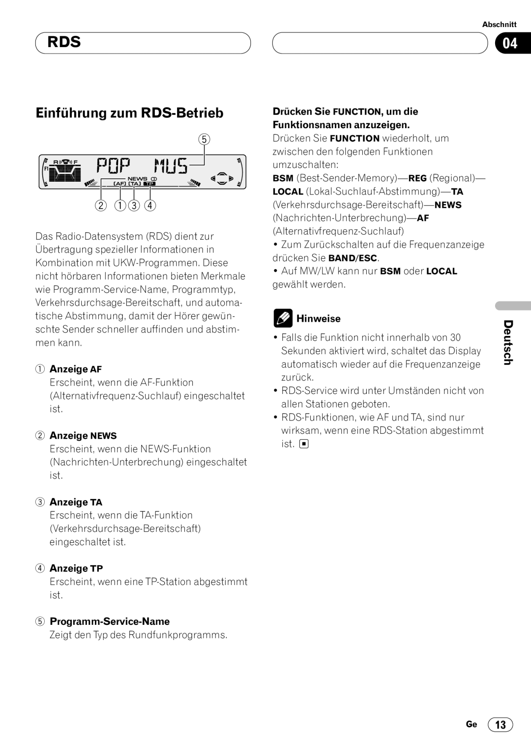 Pioneer DEH-P4400RB operation manual Einführung zum RDS-Betrieb 