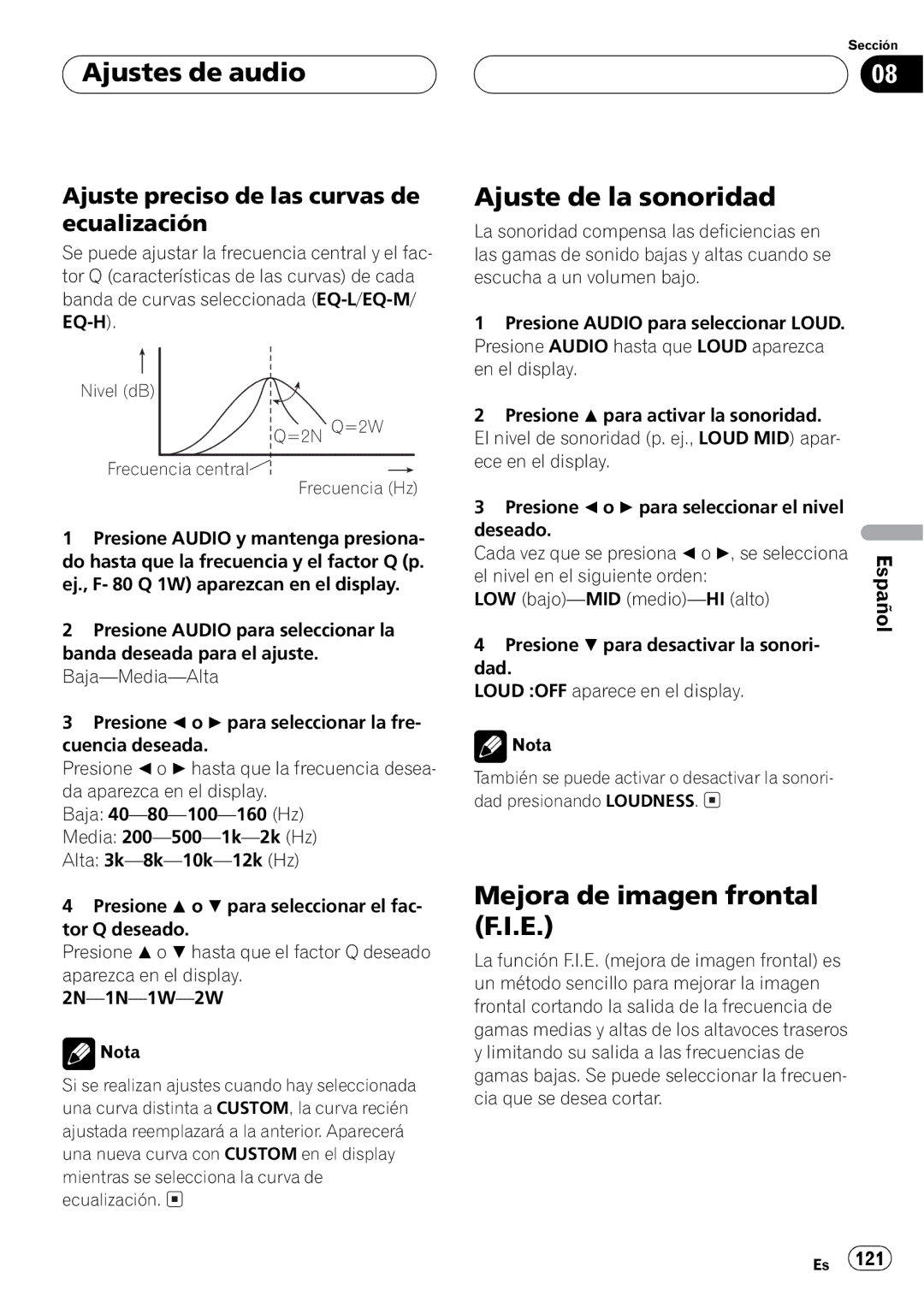 Pioneer DEH-P4500MP operation manual Nivel dB =2N Q=2W Frecuencia central Frecuencia Hz 