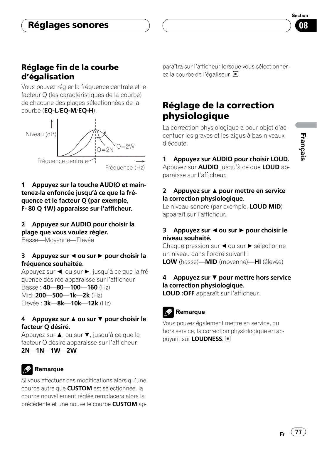 Pioneer DEH-P4500MP operation manual Niveau dB =2N Q=2W Fréquence centrale Fréquence Hz 