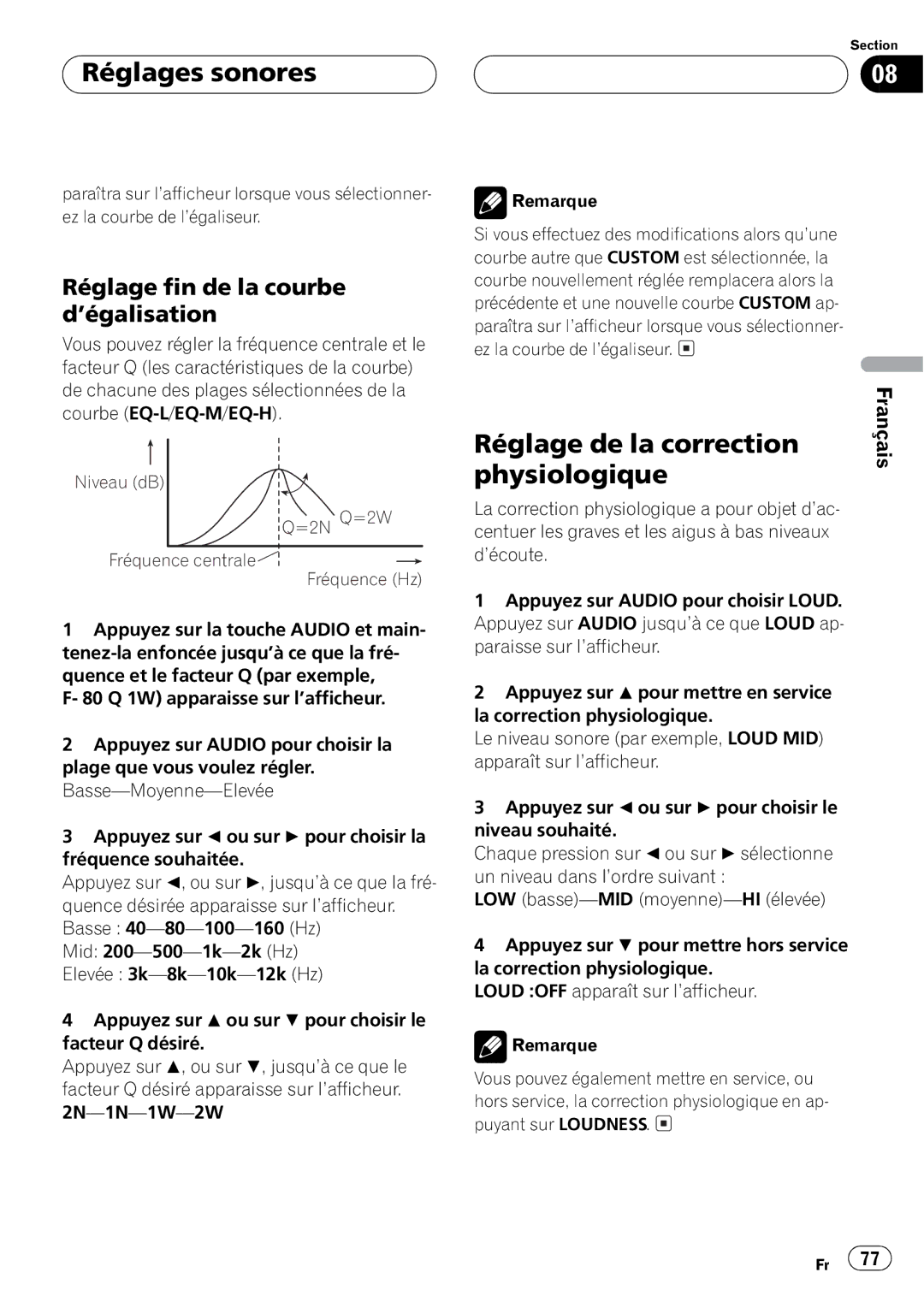 Pioneer DEH-P450MP operation manual Niveau dB =2N Q=2W Fréquence centrale Fréquence Hz 