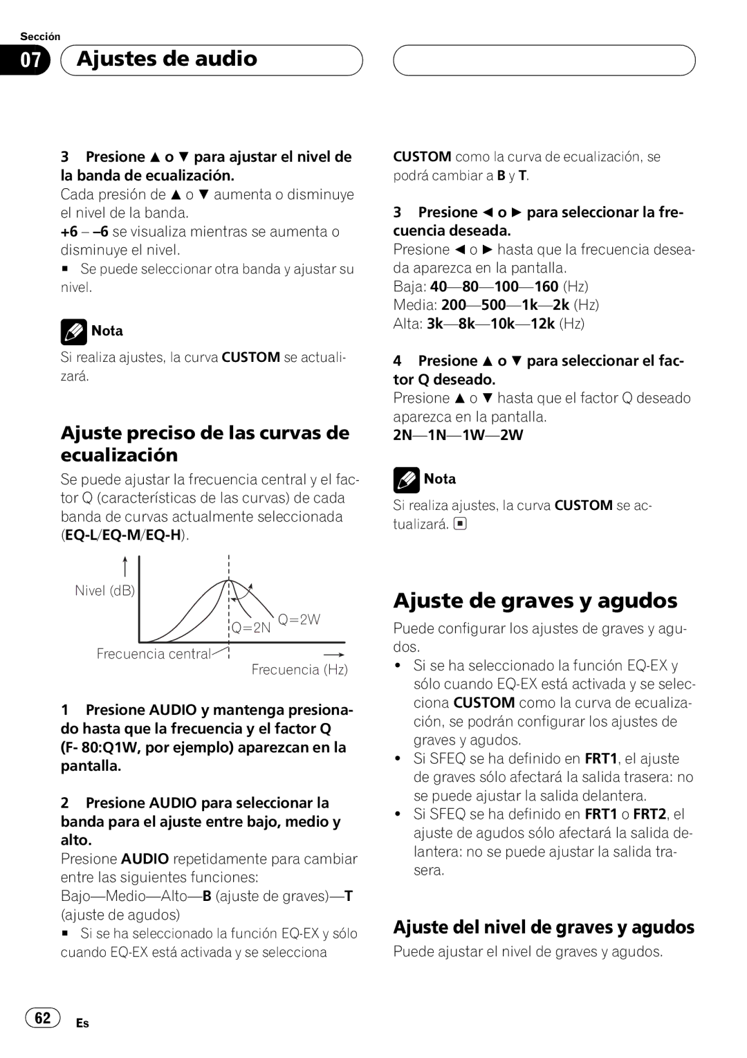 Pioneer DEH-P4550 operation manual Nivel dB =2N Q=2W Frecuencia central Frecuencia Hz 