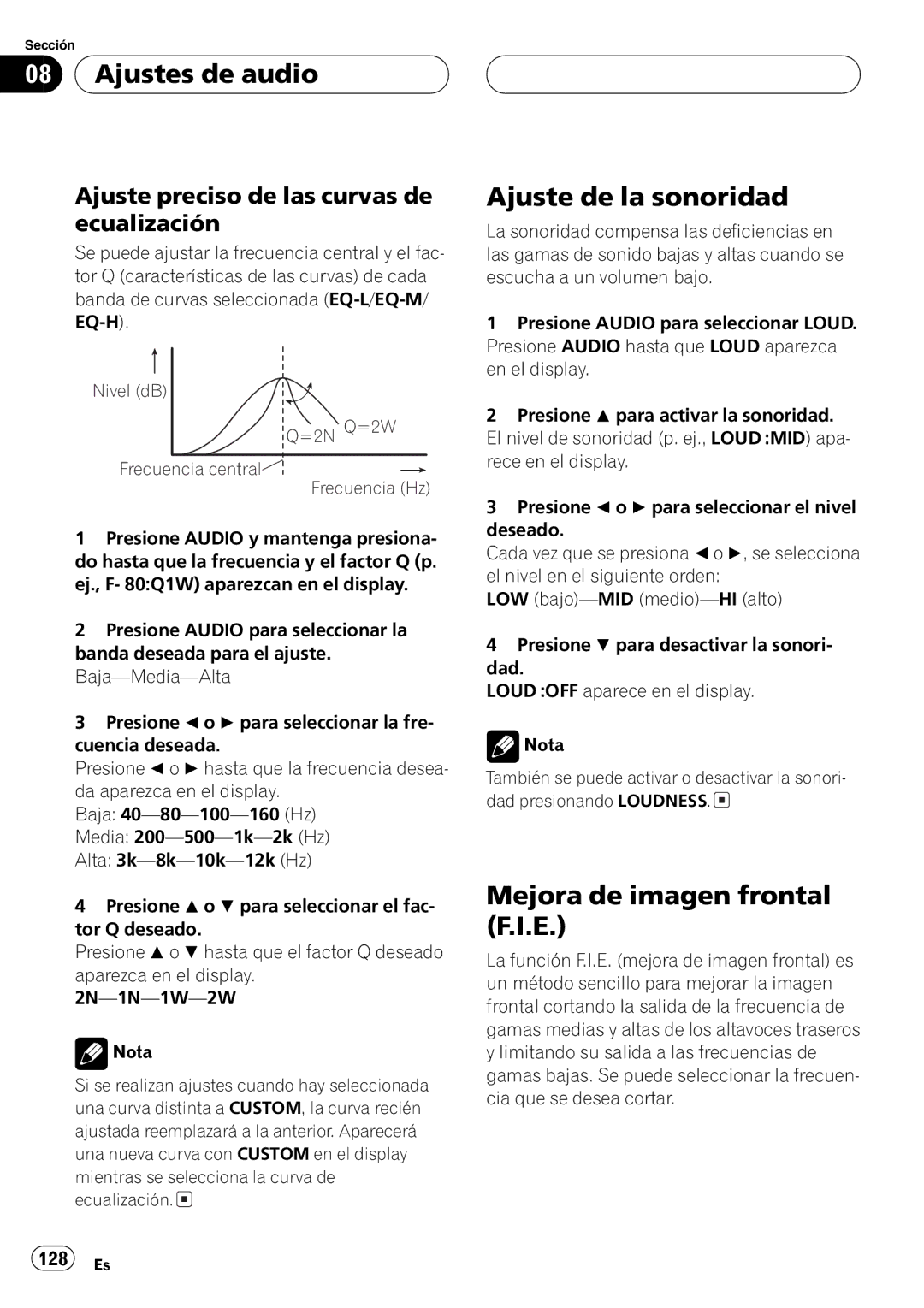 Pioneer DEH-P4600MP operation manual Nivel dB =2N Q=2W Frecuencia central Frecuencia Hz 