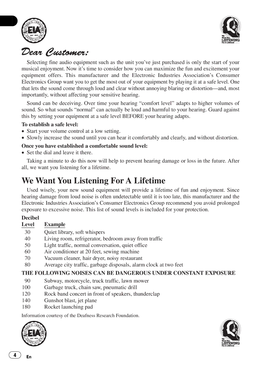 Pioneer DEH-P460MP operation manual We Want You Listening For a Lifetime 