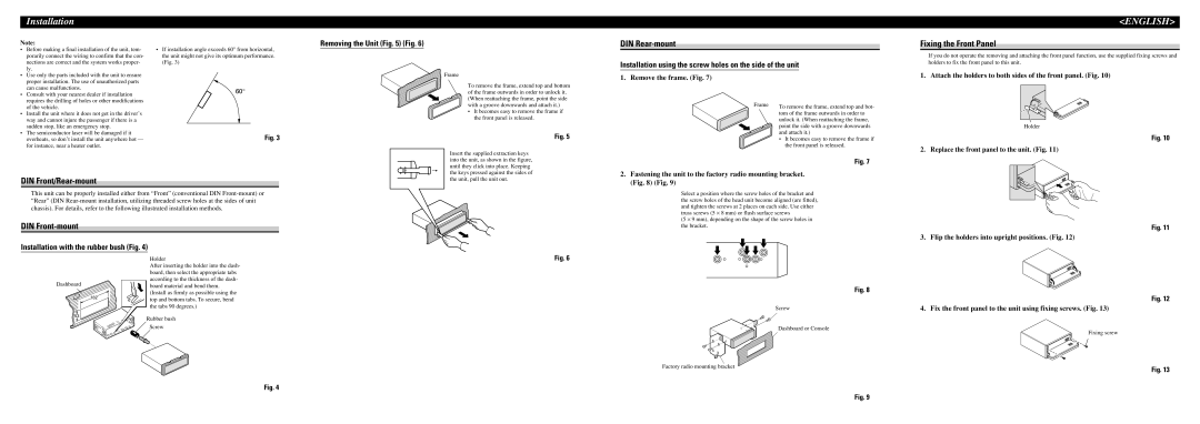 Pioneer DEH-P4700MP Installation, DIN Rear-mount, Fixing the Front Panel, DIN Front/Rear-mount, DIN Front-mount 