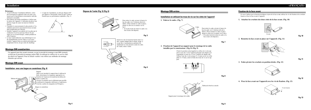Pioneer DEH-P4700MP installation manual Montage DIN arrière, Fixation de la face avant, Montage DIN avant/arrière 