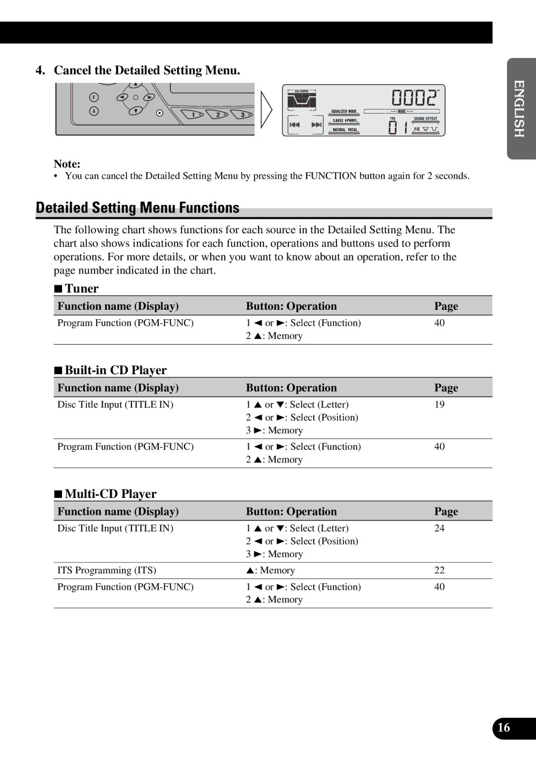 Pioneer DEH-P47DH operation manual Detailed Setting Menu Functions, Cancel the Detailed Setting Menu 