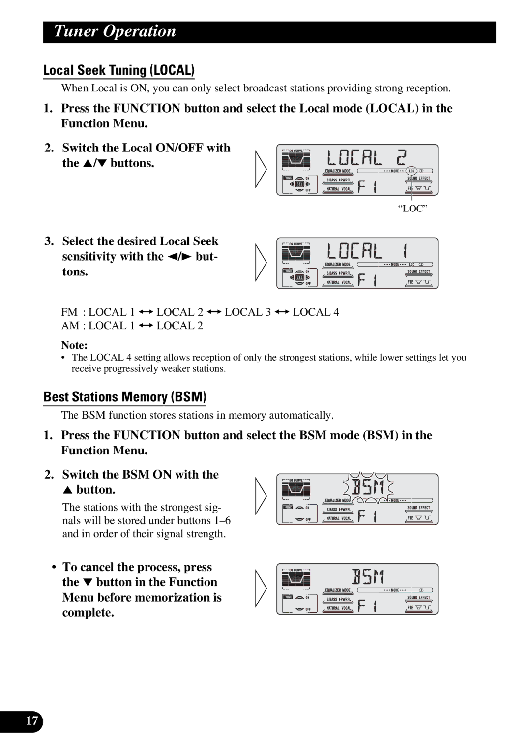 Pioneer DEH-P47DH operation manual Tuner Operation, Local Seek Tuning Local, Best Stations Memory BSM 