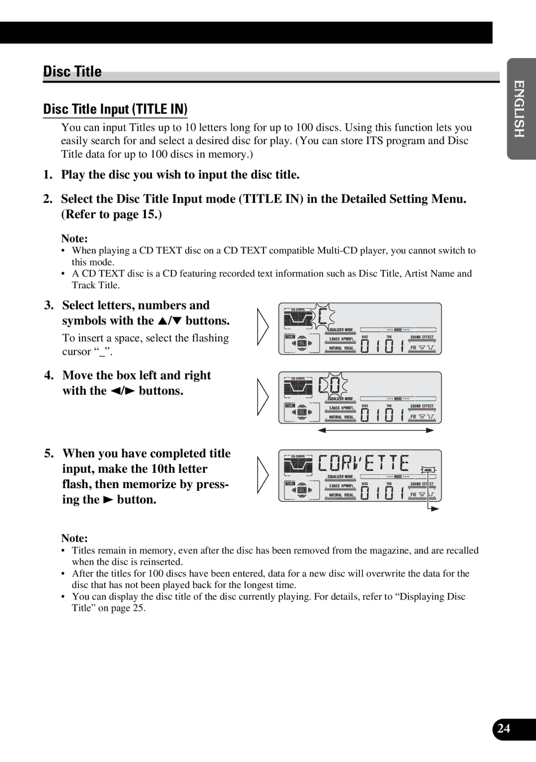 Pioneer DEH-P47DH operation manual Disc Title, Select letters, numbers and symbols with the 5/ buttons 