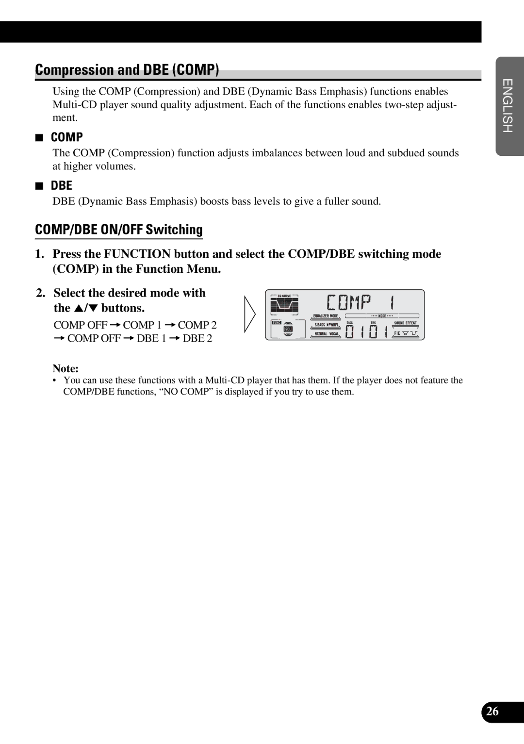 Pioneer DEH-P47DH operation manual Compression and DBE Comp, COMP/DBE ON/OFF Switching 