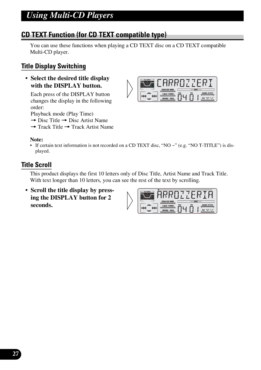 Pioneer DEH-P47DH operation manual CD Text Function for CD Text compatible type, Title Display Switching, Title Scroll 