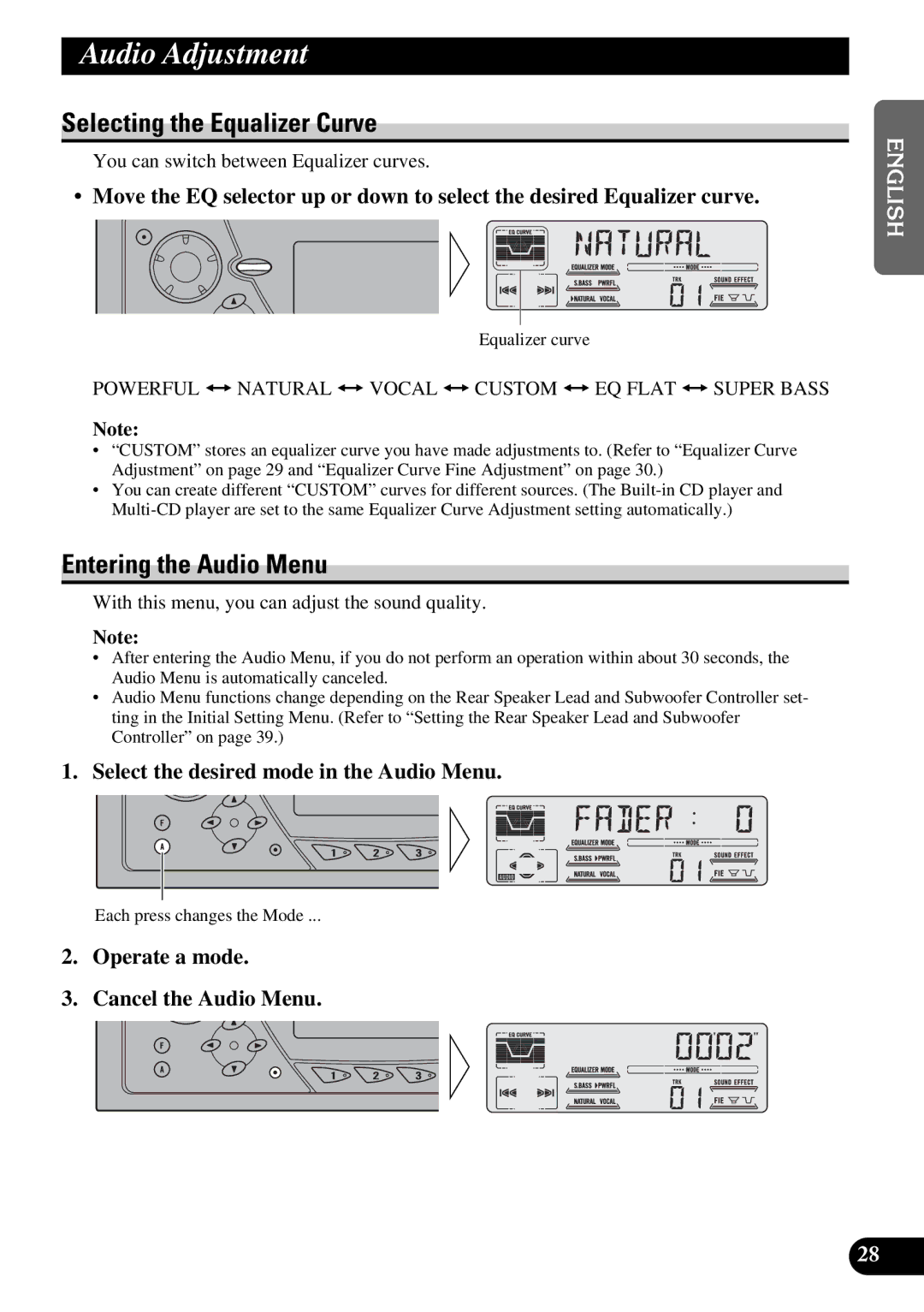 Pioneer DEH-P47DH operation manual Audio Adjustment, Selecting the Equalizer Curve, Entering the Audio Menu 