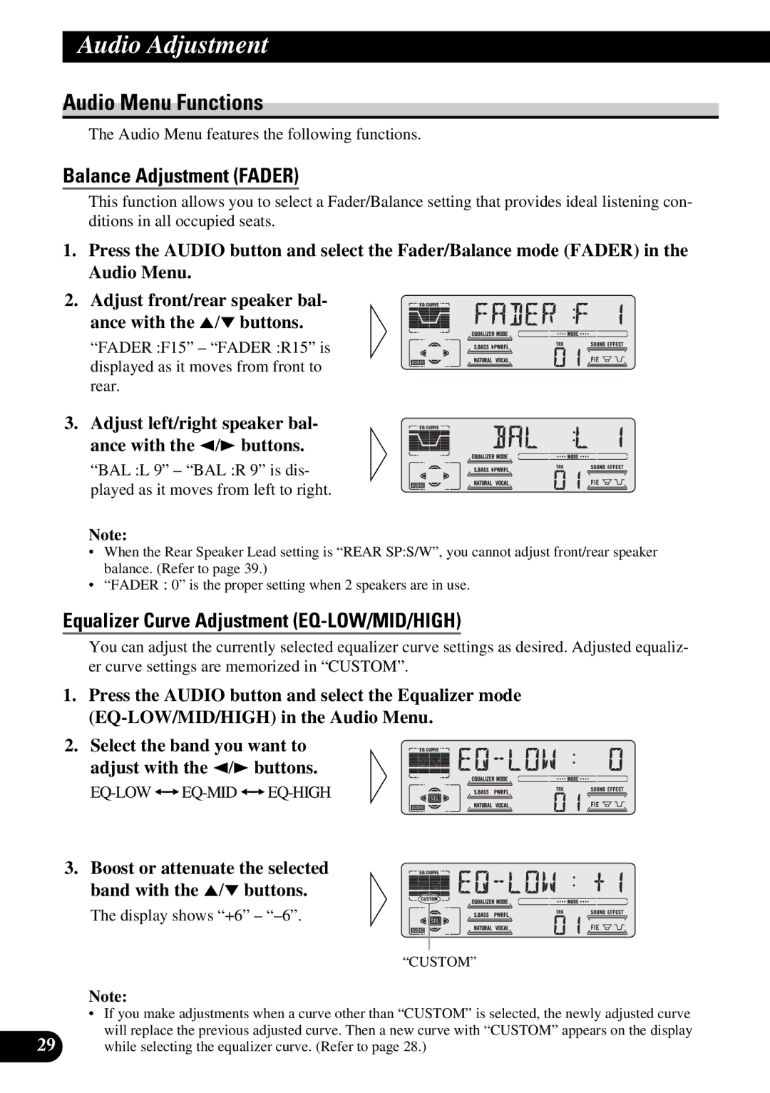 Pioneer DEH-P47DH Audio Menu Functions, Balance Adjustment Fader, Equalizer Curve Adjustment EQ-LOW/MID/HIGH 