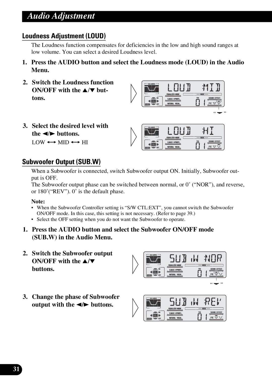 Pioneer DEH-P47DH operation manual Loudness Adjustment Loud, Subwoofer Output SUB.W 