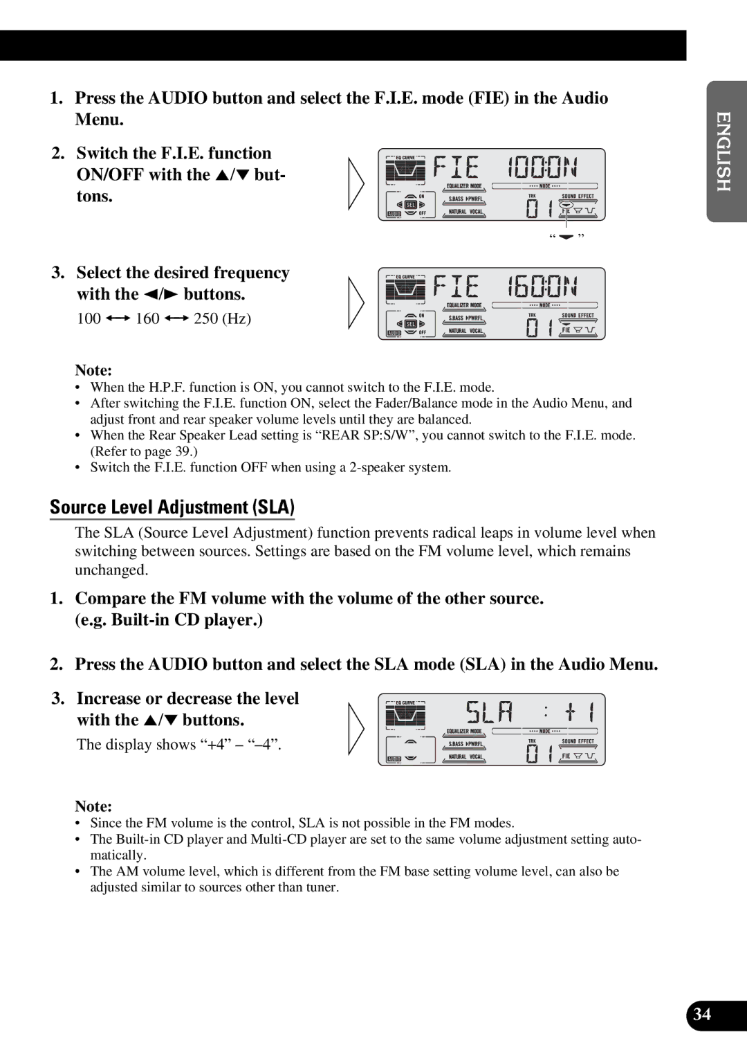 Pioneer DEH-P47DH operation manual Source Level Adjustment SLA, 100 += 160 += 250 Hz 