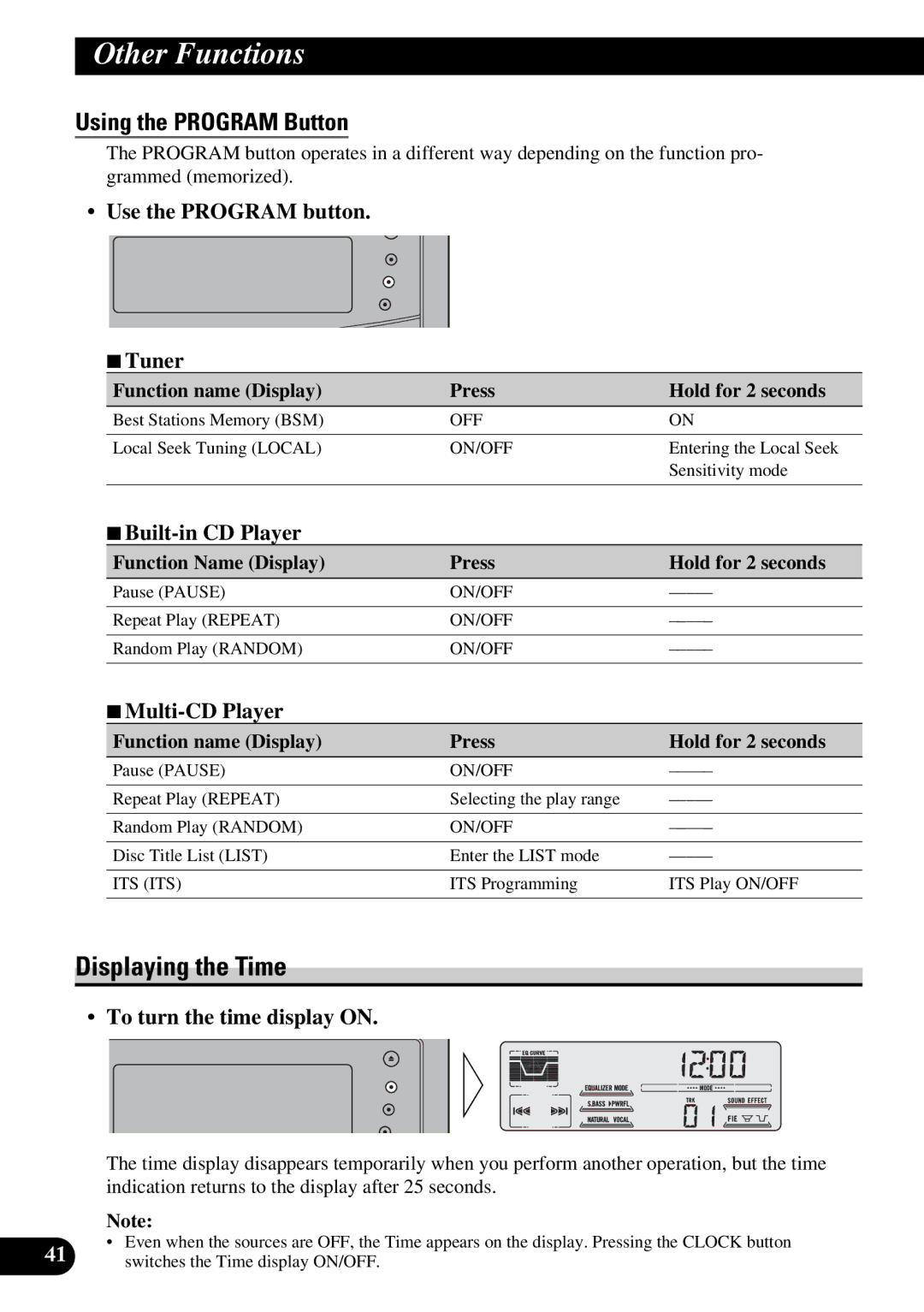 Pioneer DEH-P47DH operation manual Displaying the Time, Using the Program Button, Use the Program button 7Tuner 