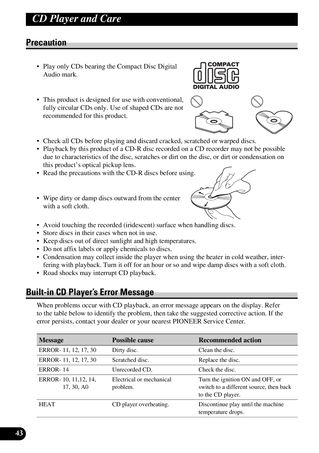 Pioneer DEH-P47DH CD Player and Care, Built-in CD Player’s Error Message, Message Possible cause Recommended action, Heat 