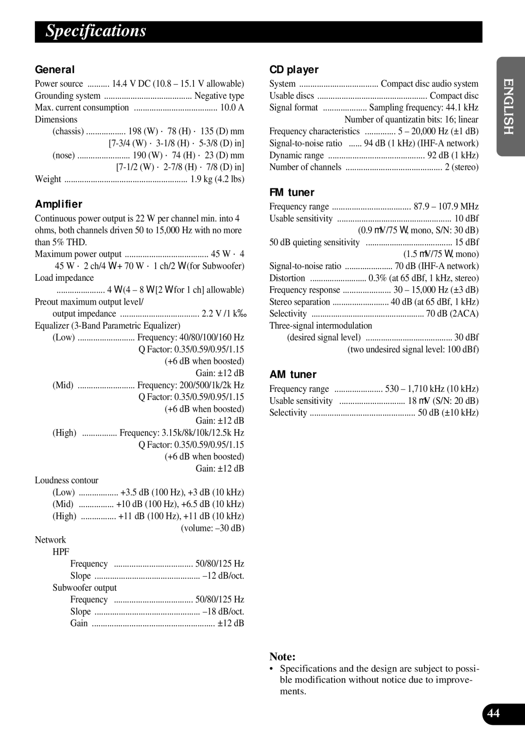 Pioneer DEH-P47DH operation manual Specifications 